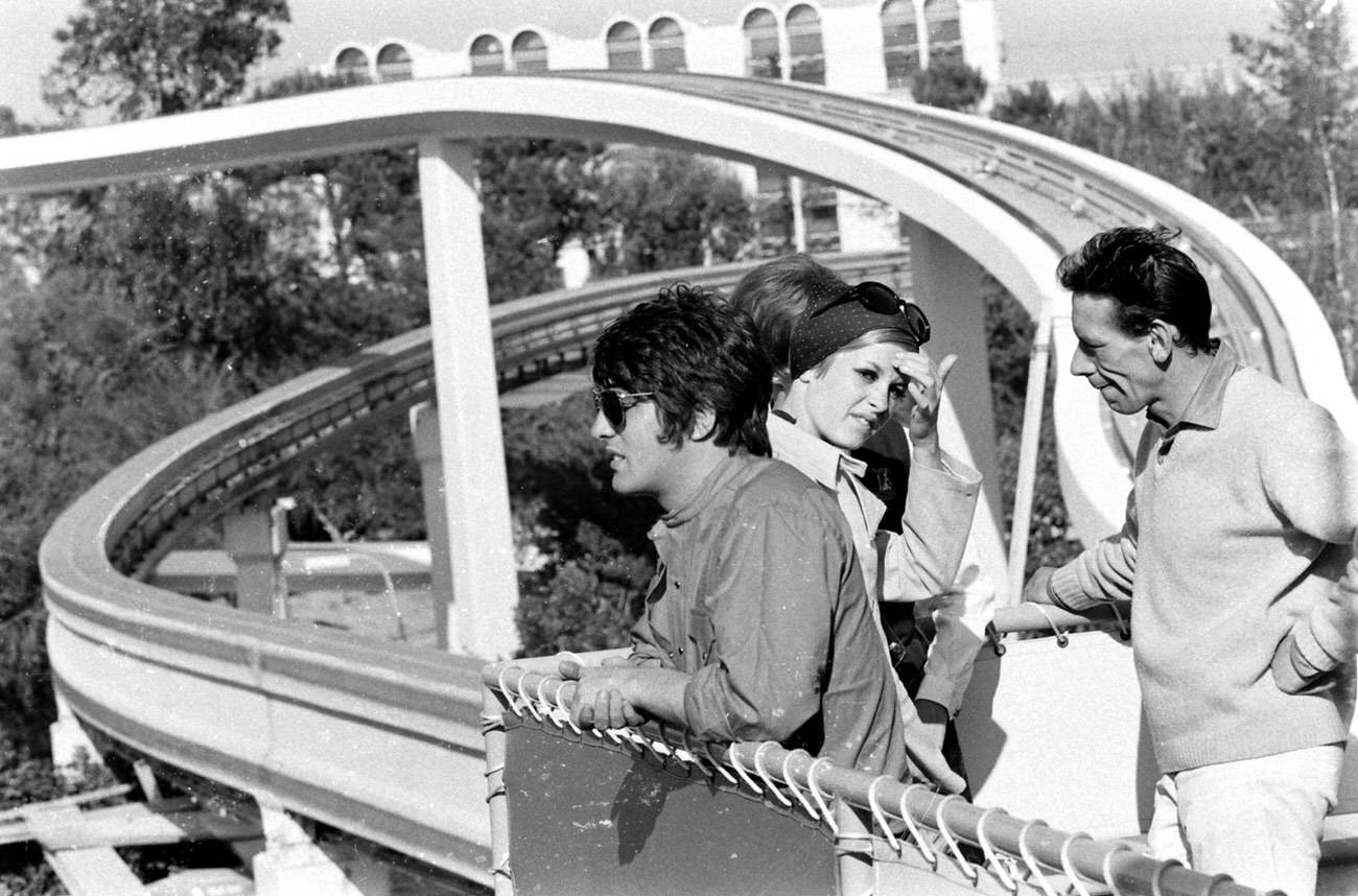 Twiggy and friends (including boyfriend and manager Justin De Villeneuve) at Disneyland during her first visit to the U.S., 1967.