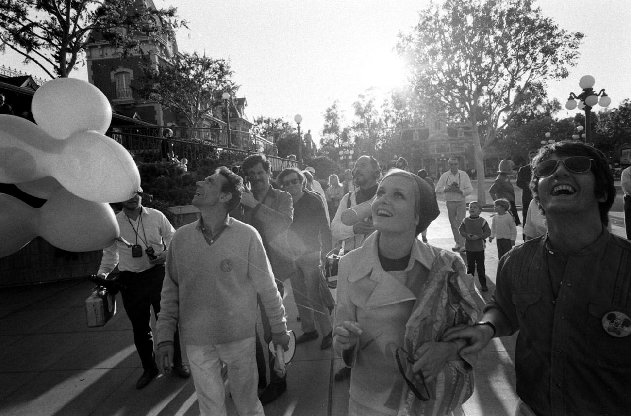 Twiggy and friends at Disneyland during her first visit to the U.S., 1967.