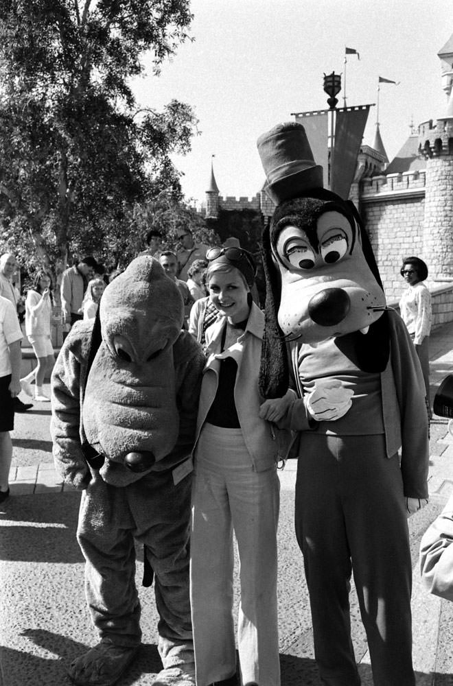 Twiggy and furry friends at Disneyland during her first visit to the U.S., 1967.