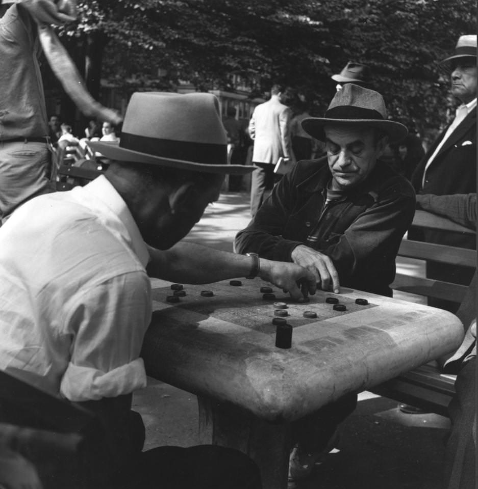 Two men playing checkers in Washington Square, 1950.