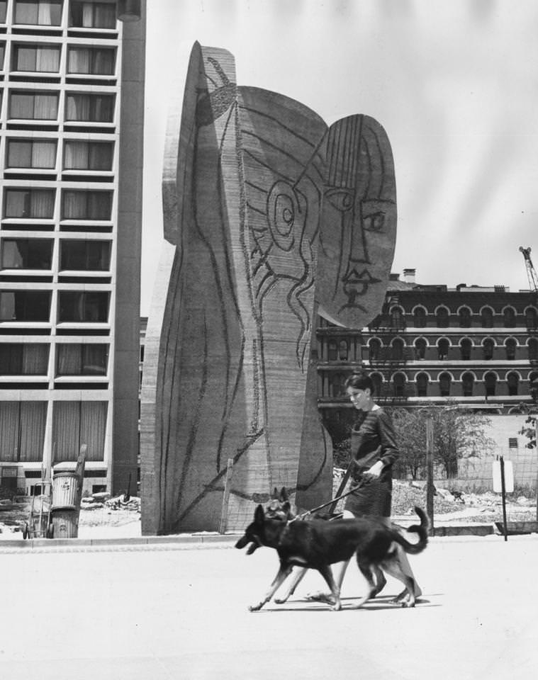 A 36 ft high sandblast sculpture, a scaled up copy of a 2 ft high model created by Pablo Picasso, 1960s.