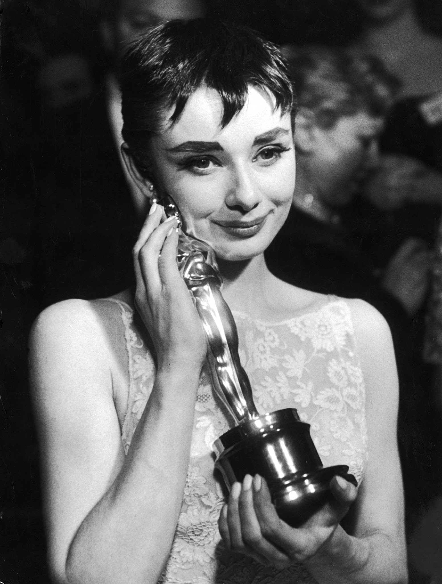 Audrey Hepburn with the Oscar she won for Roman Holiday, 1954.