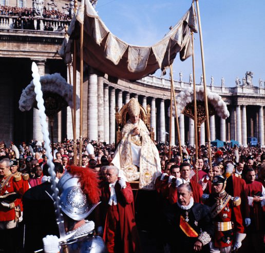 Pope John XXIII rides in the procession to St. Peter's Basilica at start of the Second Vatican Ecumenical Council, 1962