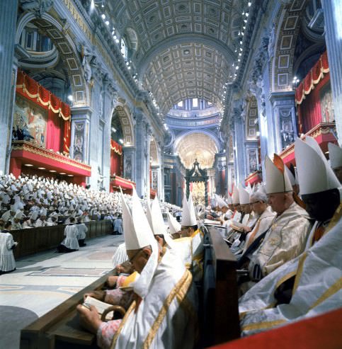 Scene inside St. Peter's Basilica during the Second Vatican Ecumenical Council, 1962